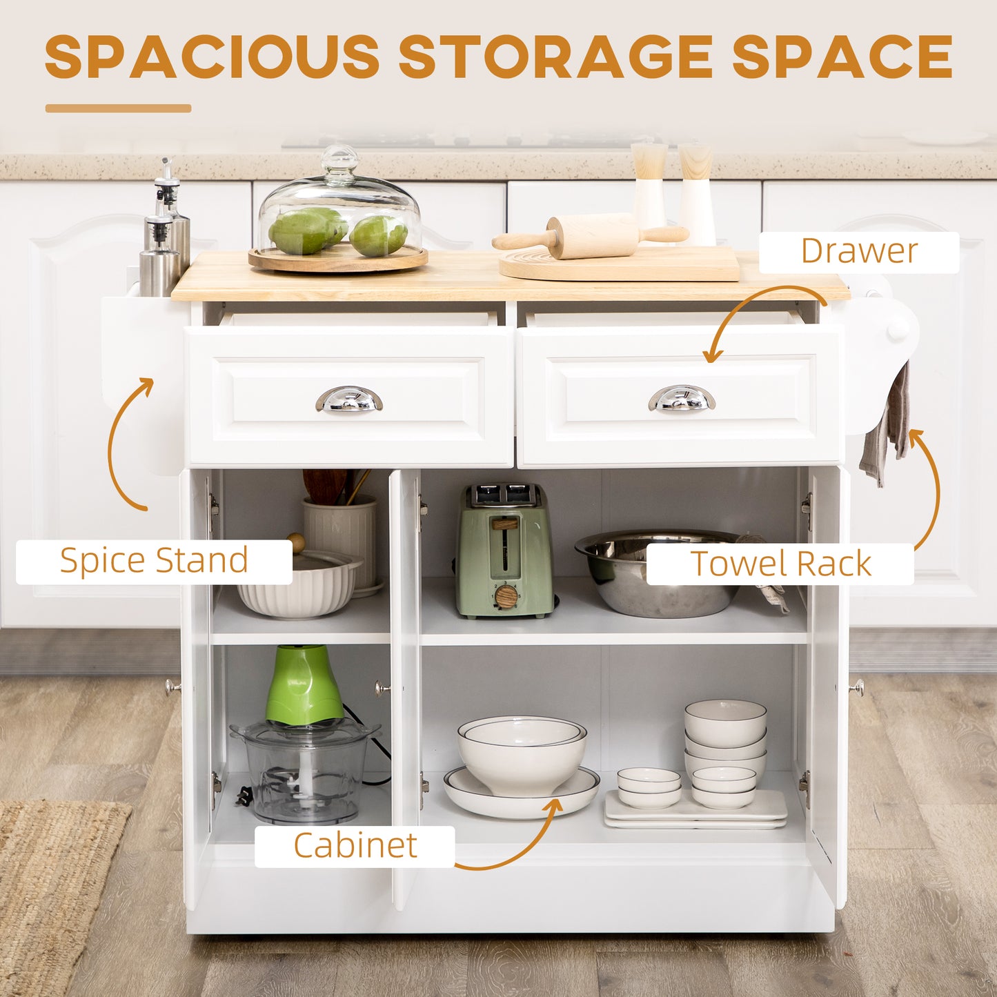 Kitchen Island With Storage Rolling Kitchen Serving Cart with Rubber Wood Top Towel Rack Storage Drawer Cabinet, White