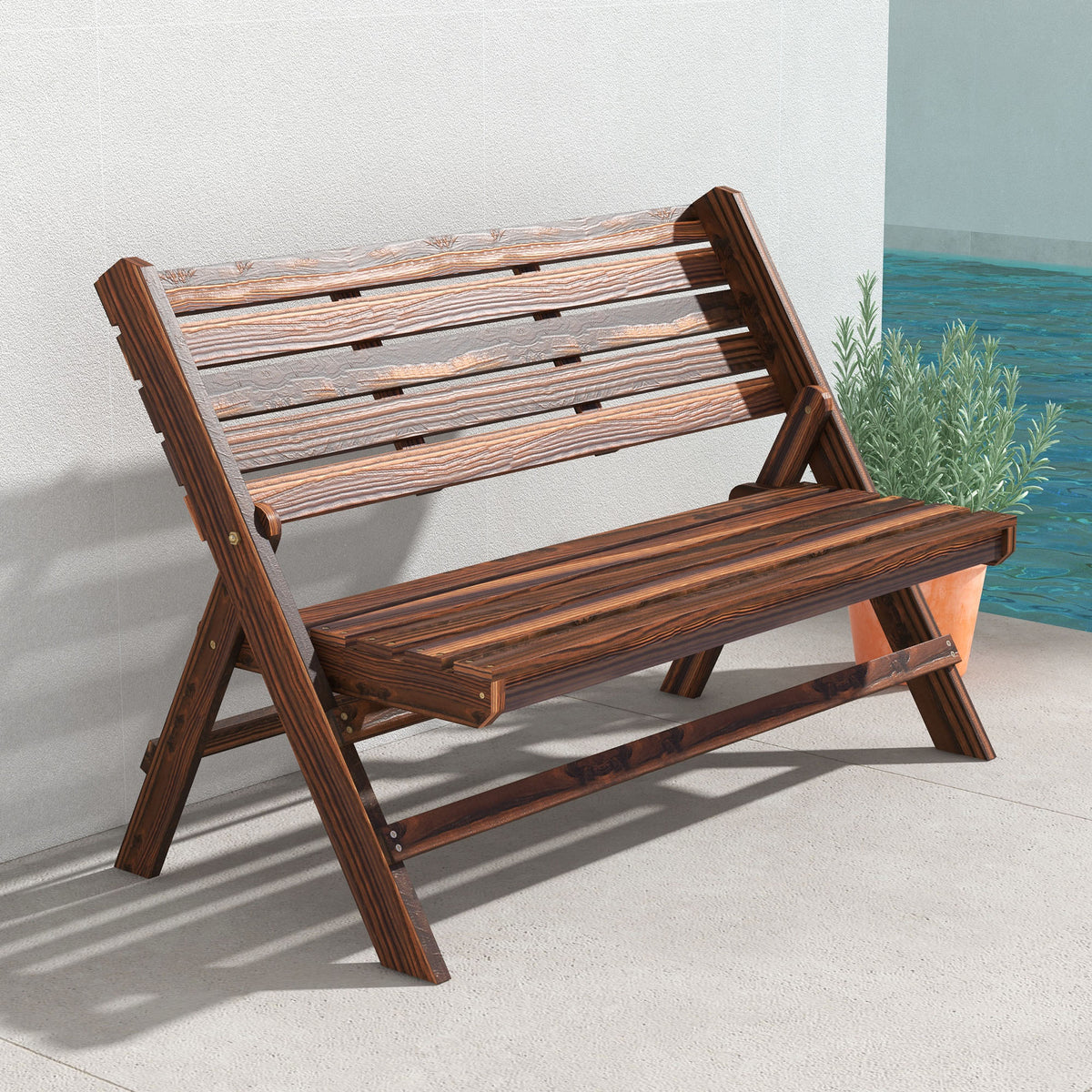 2-Seater Wooden Outdoor Bench, Foldable Garden Bench with Slatted Backrest and Seat, Patio Loveseat, Carbonised Finish