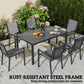 7 Piece Outdoor Dining Set with 6 Stackable Chairs, Rectangle Table, WPC Slatted Top, Rust-Resistant Steel Frame