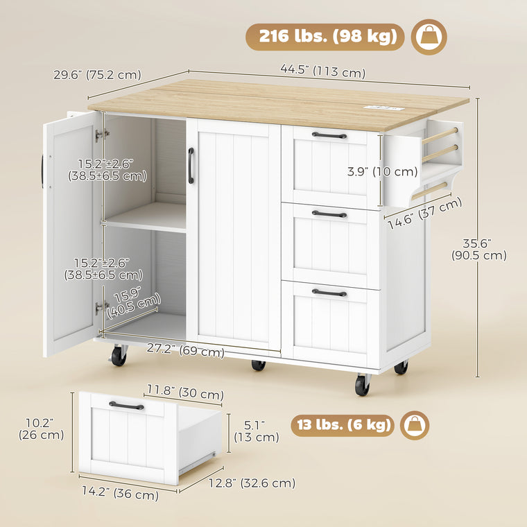 Kitchen Island Cart with Drop Leaf and Power Outlet