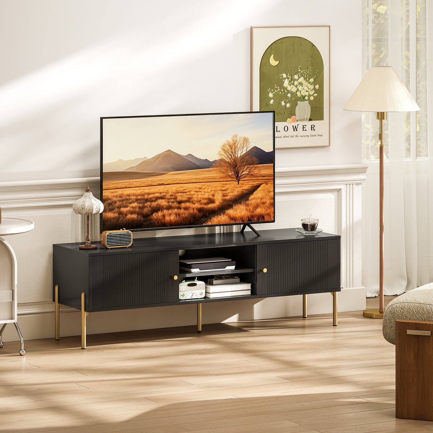 TV Stand for TVs up to 65", Entertainment Center with 2 Open Shelves, 2 Cabinets and Steel Legs for Living Room, Black