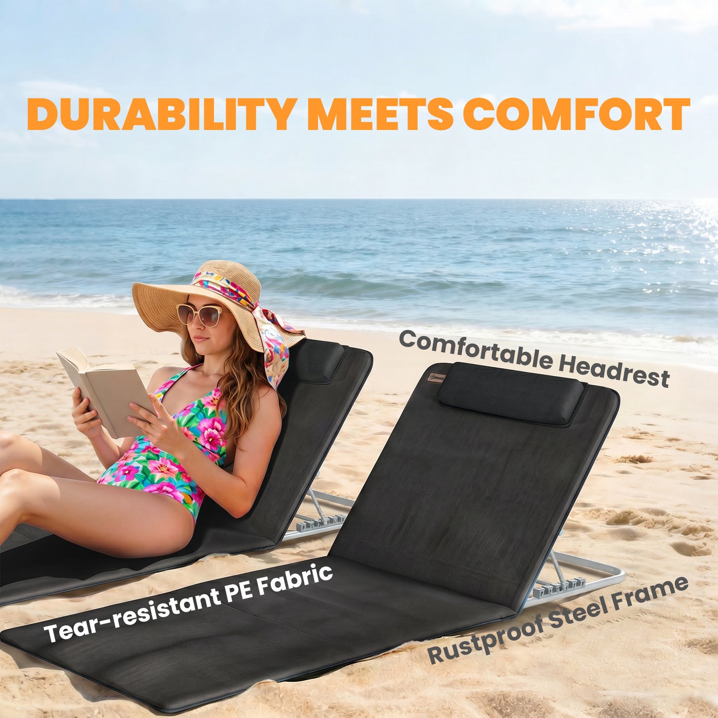 2 Pieces Beach Lounge Chair, Outdoor Folding Chaise Lounge Set w/ Pillow for Sunbath, Snap, Beige