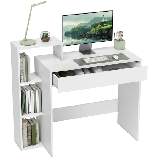 Computer Desk with 3 Open Shelves and Drawer - White