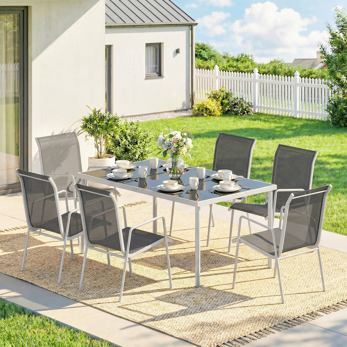 7 Piece Garden Dining Set, Garden Furniture Set with Rectangle Table and 6 Stackable Chairs