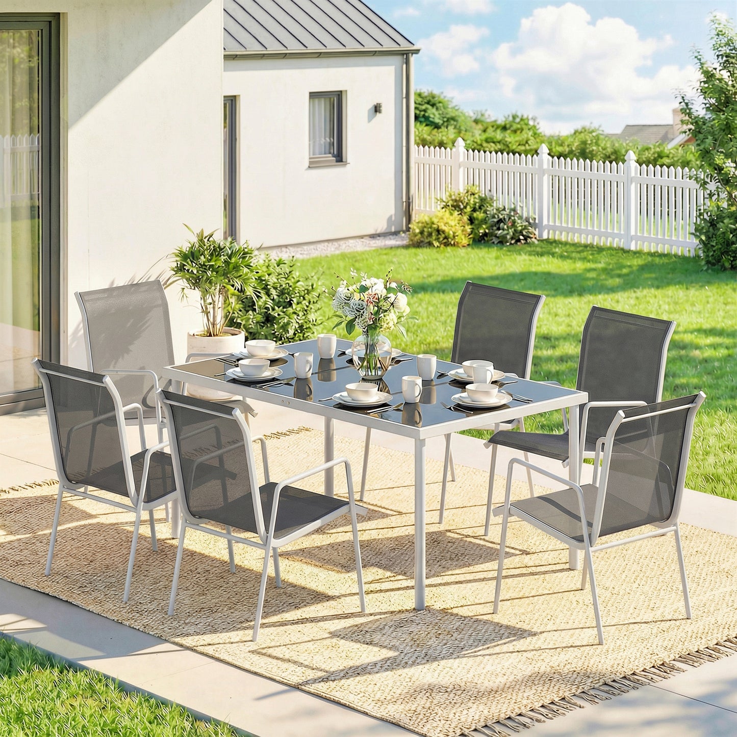 7 Piece Garden Dining Set, Garden Furniture Set with Rectangle Table and 6 Stackable Chairs - Grey