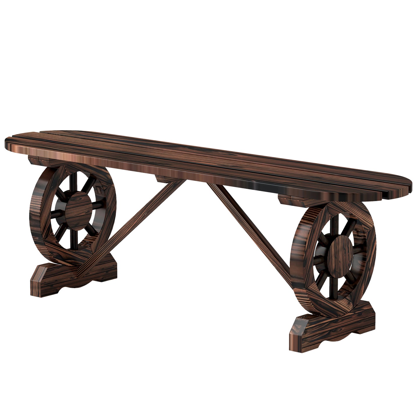 2-Person Outdoor Bench, Wood Garden Bench with Wagon Wheel Legs, Slatted Seat for Patio, Park, Backyard, Natural Wood