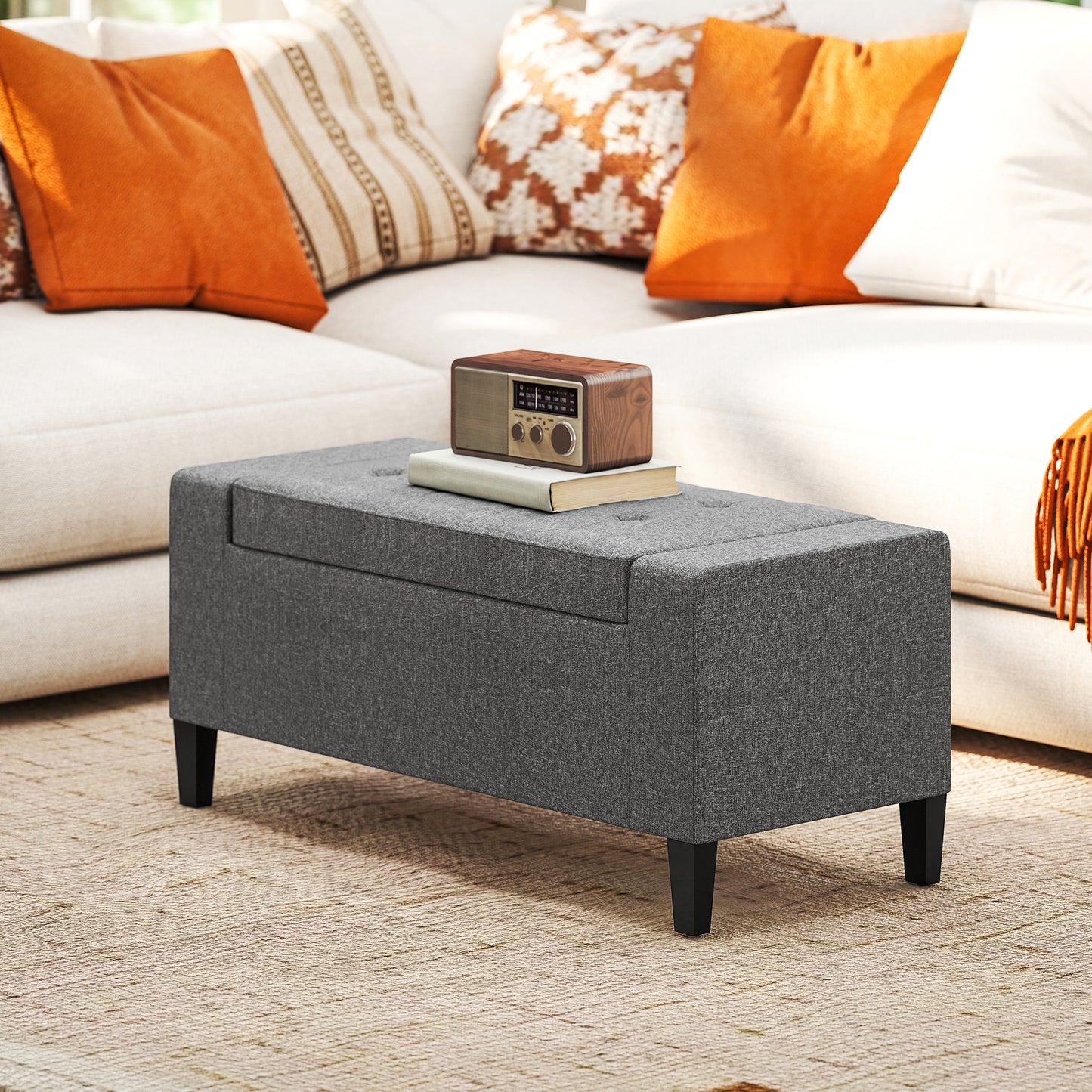 36" Storage Ottoman Bench, Linen-Look Fabric End of Bed Bench with Solid Wood Frame and Legs, Tufted Storage Chest, Footrest for Living Room, Bedroom, Entryway, Grey