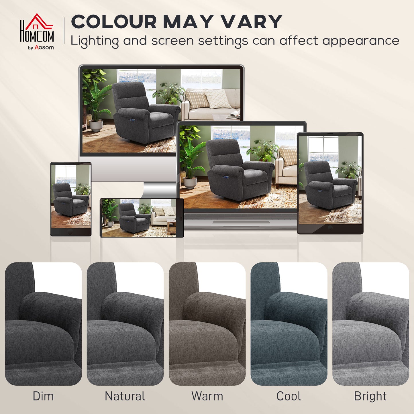 Power Recliner Chair, Fabric Upholstered Recliner Chair with USB Ports, Swivel and Rocking Function, Footrest, Dark Grey