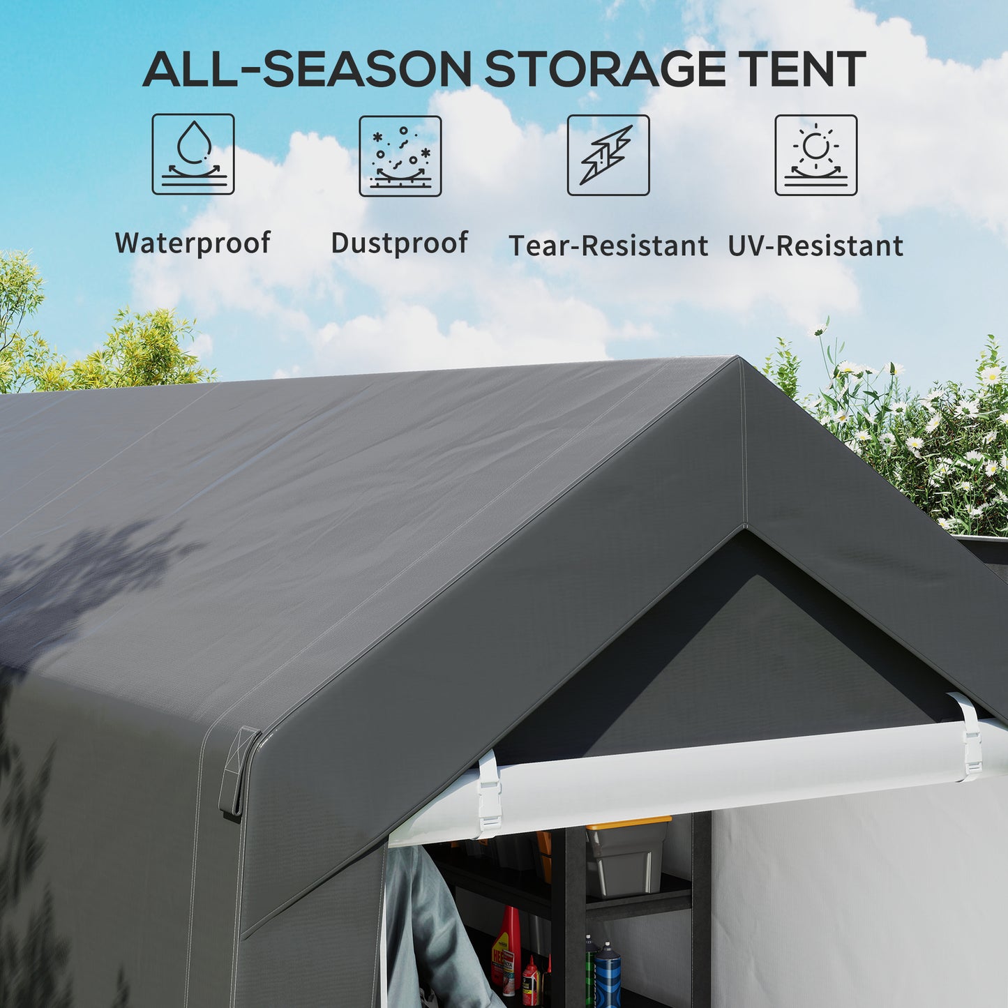 Outdoor Storage Shed Portable Garage with Roll-up Door for Motorcycle, Bike, Garden Tools, Beige