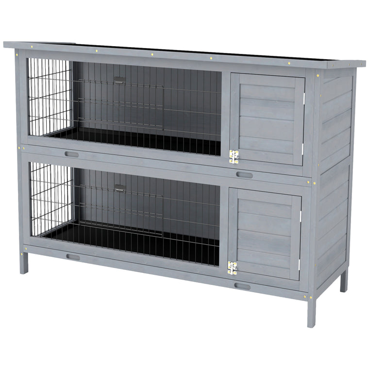 2-Tier Grey Wooden Rabbit Hutch with Run