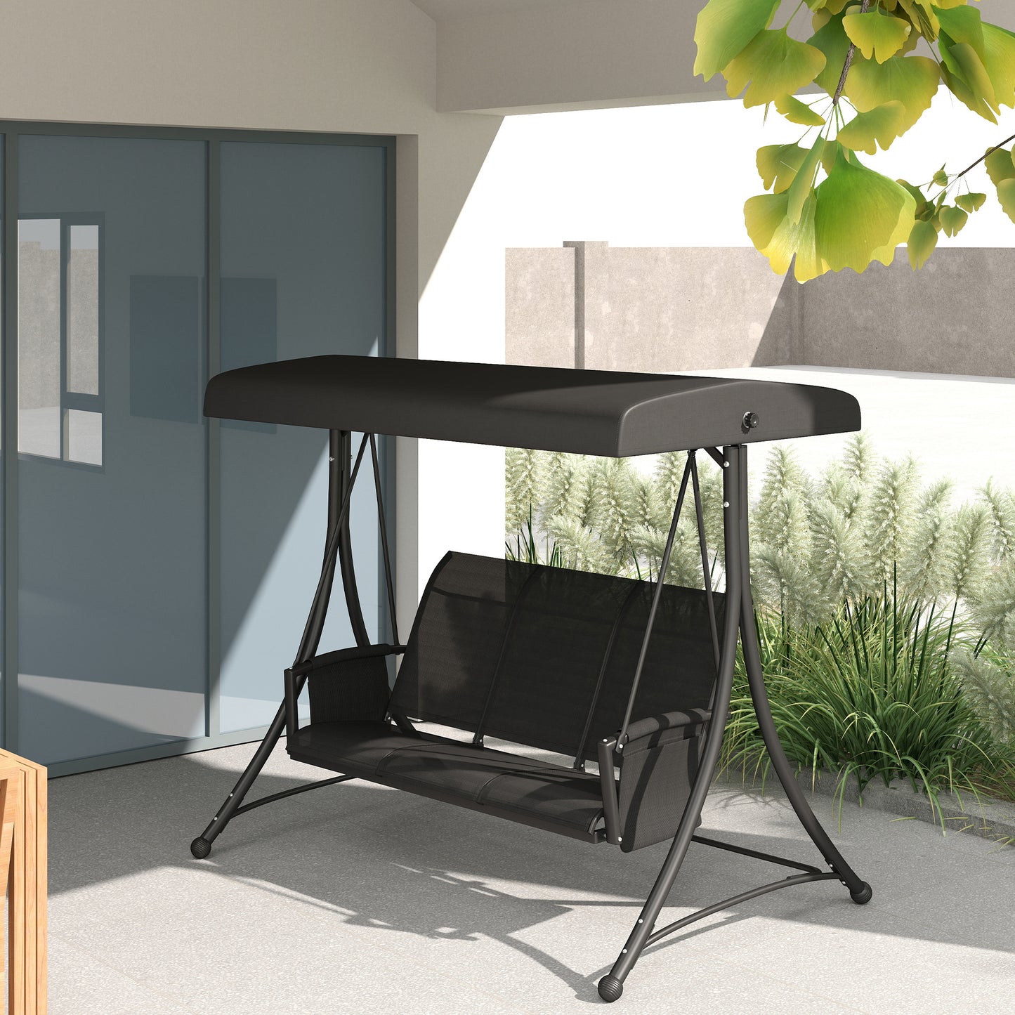 3 Person Outdoor Porch Swing Chair with Adjustable Canopy, Black