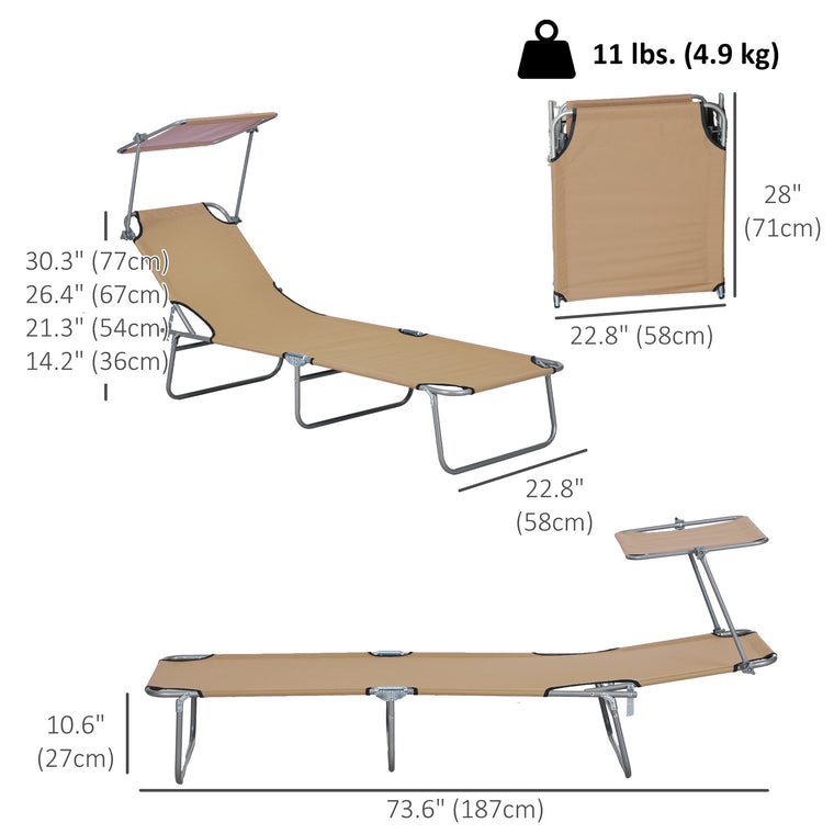 Adjustable Folding Chaise Lounge with Sun Shade - Brown