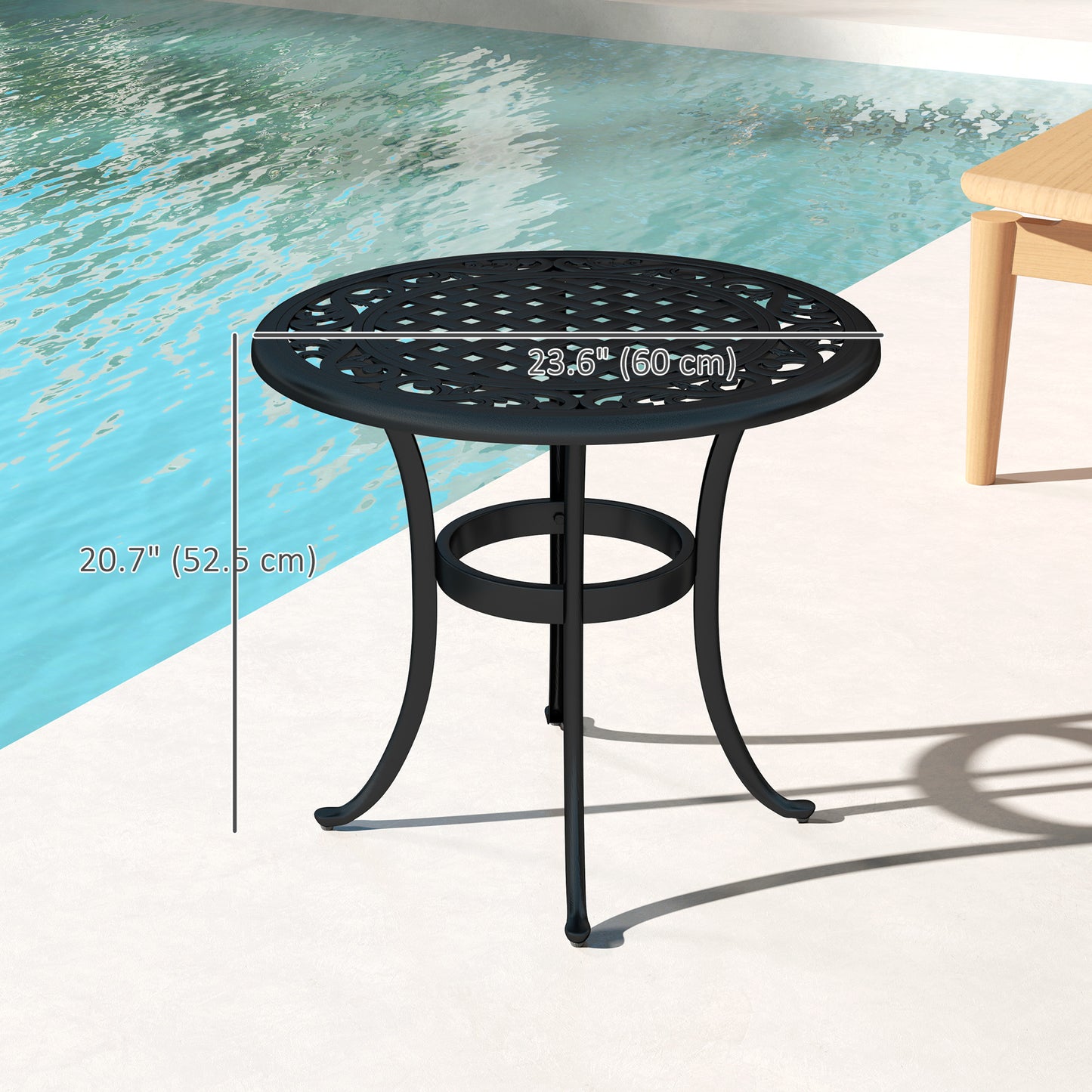 Ф23.6" Round Outdoor Side Table, Cast Aluminum Frame Patio Coffee Side Desk for Patio, Garden, Balcony, Black