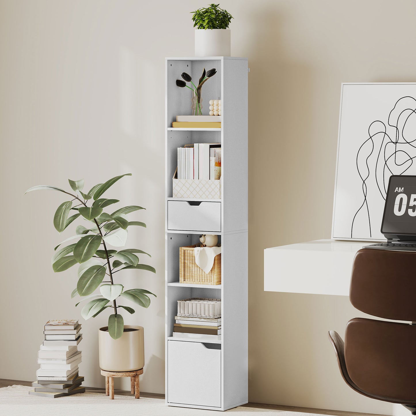 6-Tier Bookcase, Tall Narrow Bookshelf with Drawer and Door, White