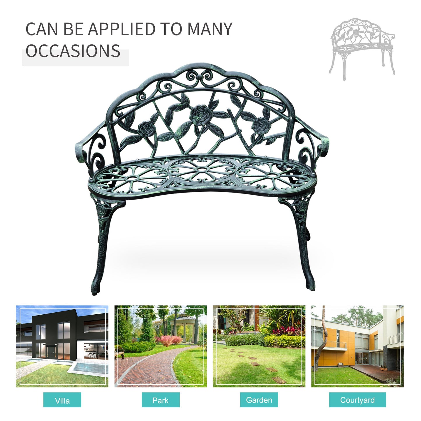 40" Outdoor Garden Bench, Cast Aluminum Antique Rose Style Patio Garden Park Loveseat Bench for Backyard, Porch, Balcony, Lawn, Green