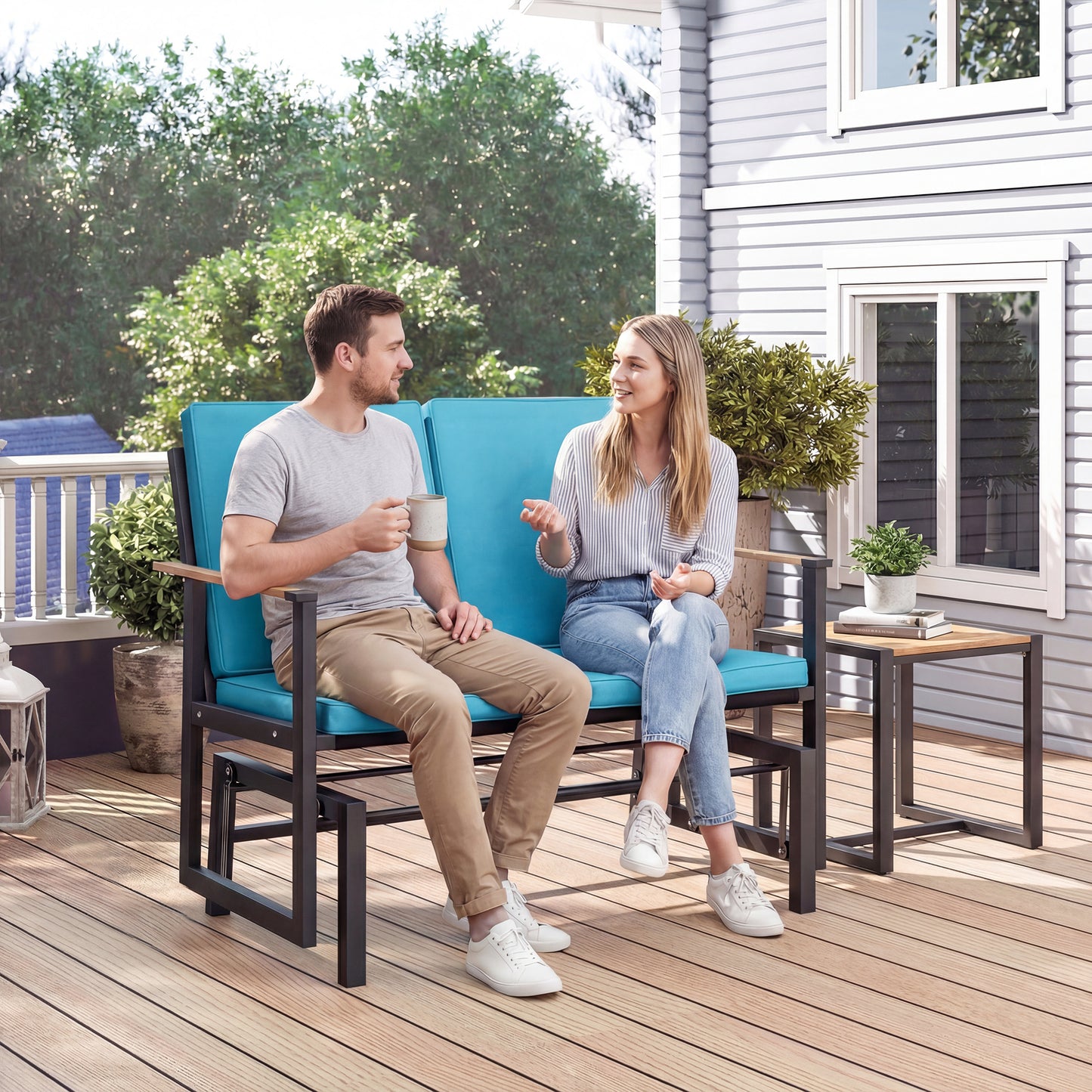 Outdoor Glider Bench for 2 Person, Patio Glider Loveseat with Thick Cushions for Garden Balcony Porch, Cream White - Natural