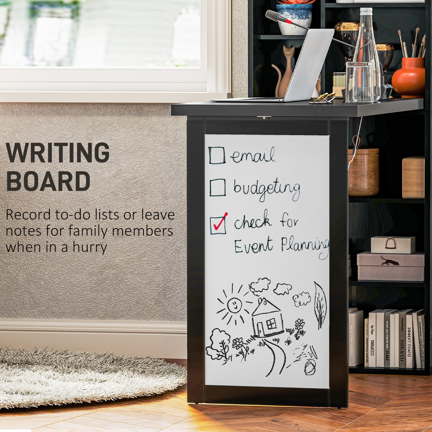 Fold-out Convertible Office Desk, Wall Mount Computer Desk with Whiteboard and Side Shelf, Black
