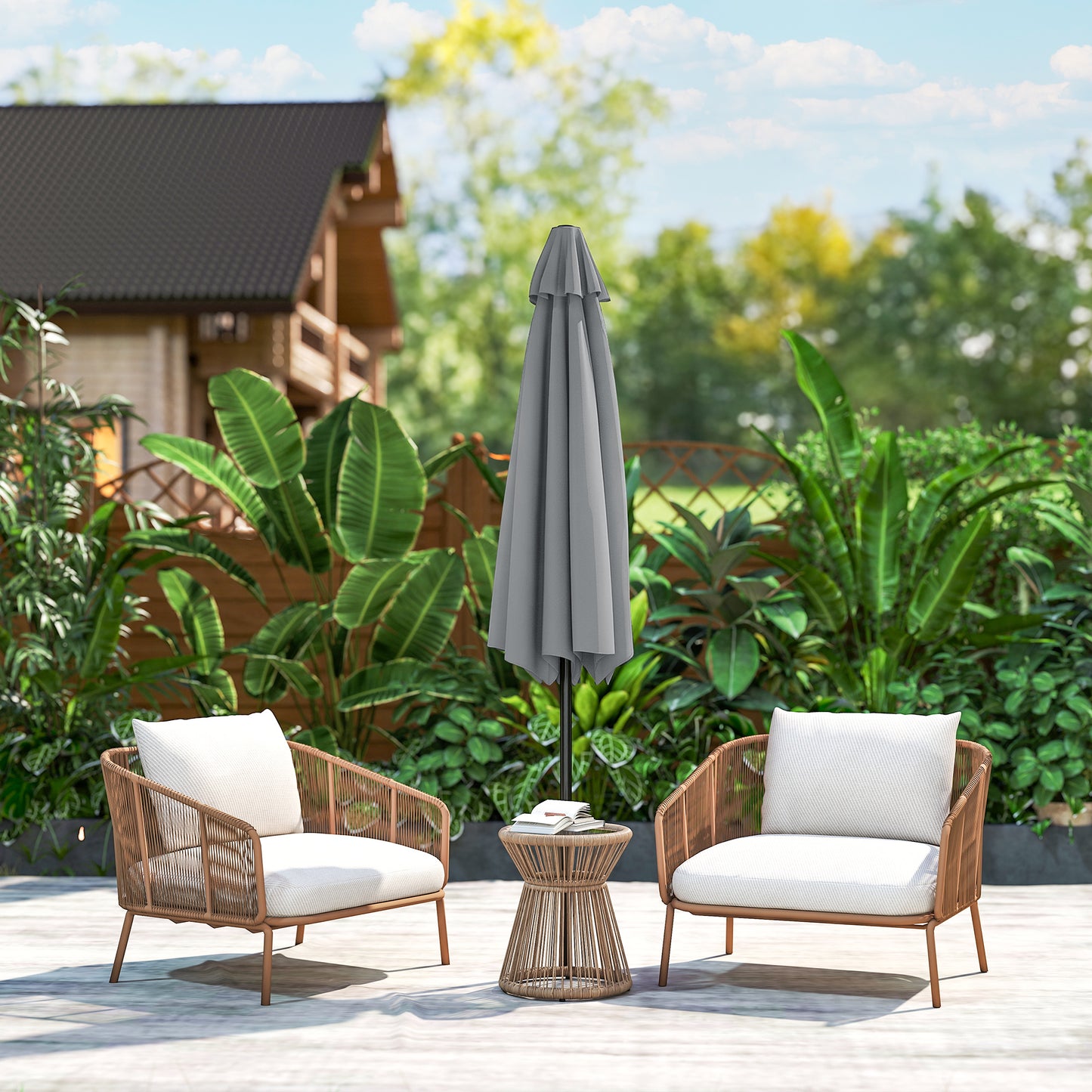 Patio Sun Umbrella, Outdoor Parasol with 6 Ribs, Light Grey