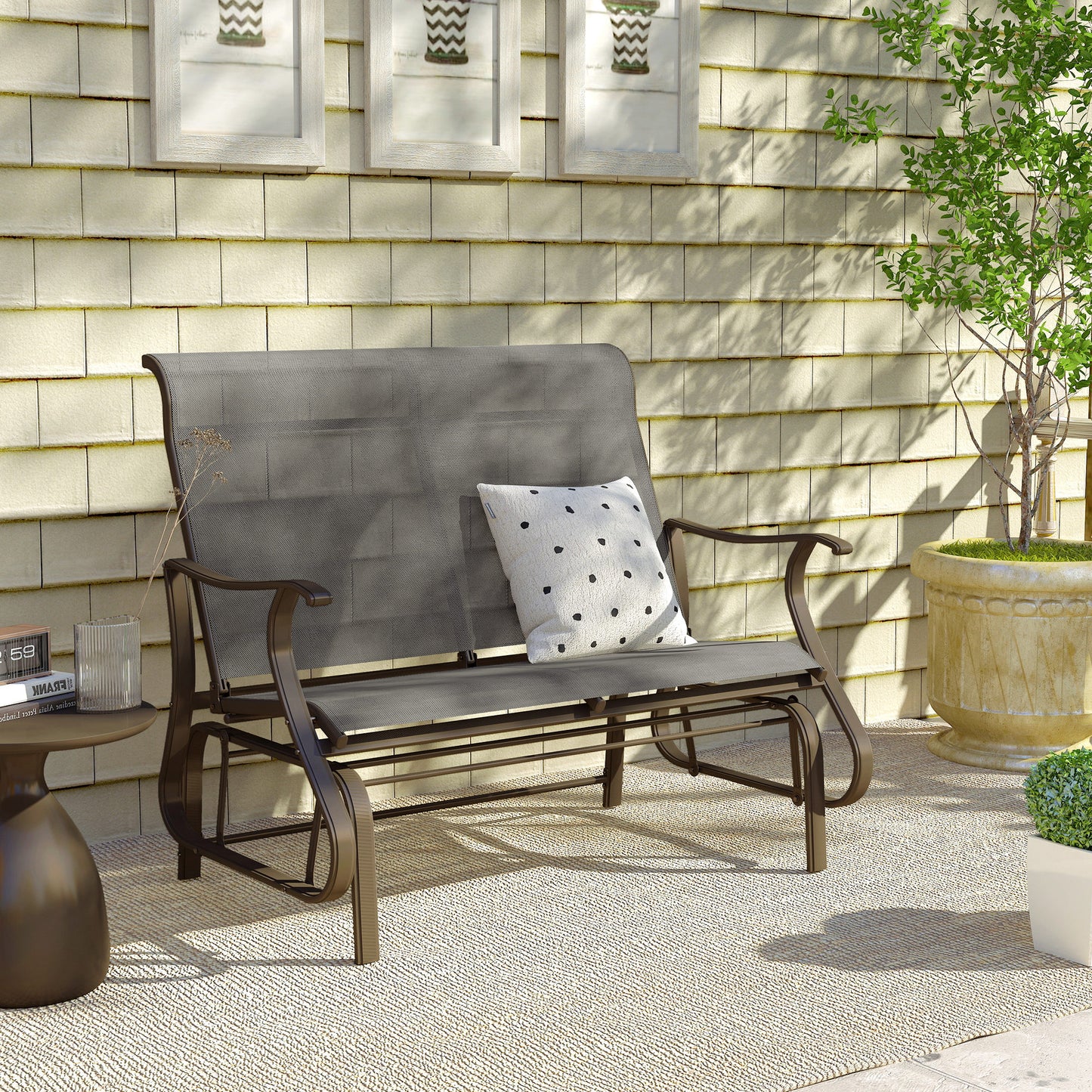 Garden Double Gliding Chair, Patio Glider Armchair for Outdoor, Backyard Mesh Seat and Backrest, Steel Frame, Light Grey