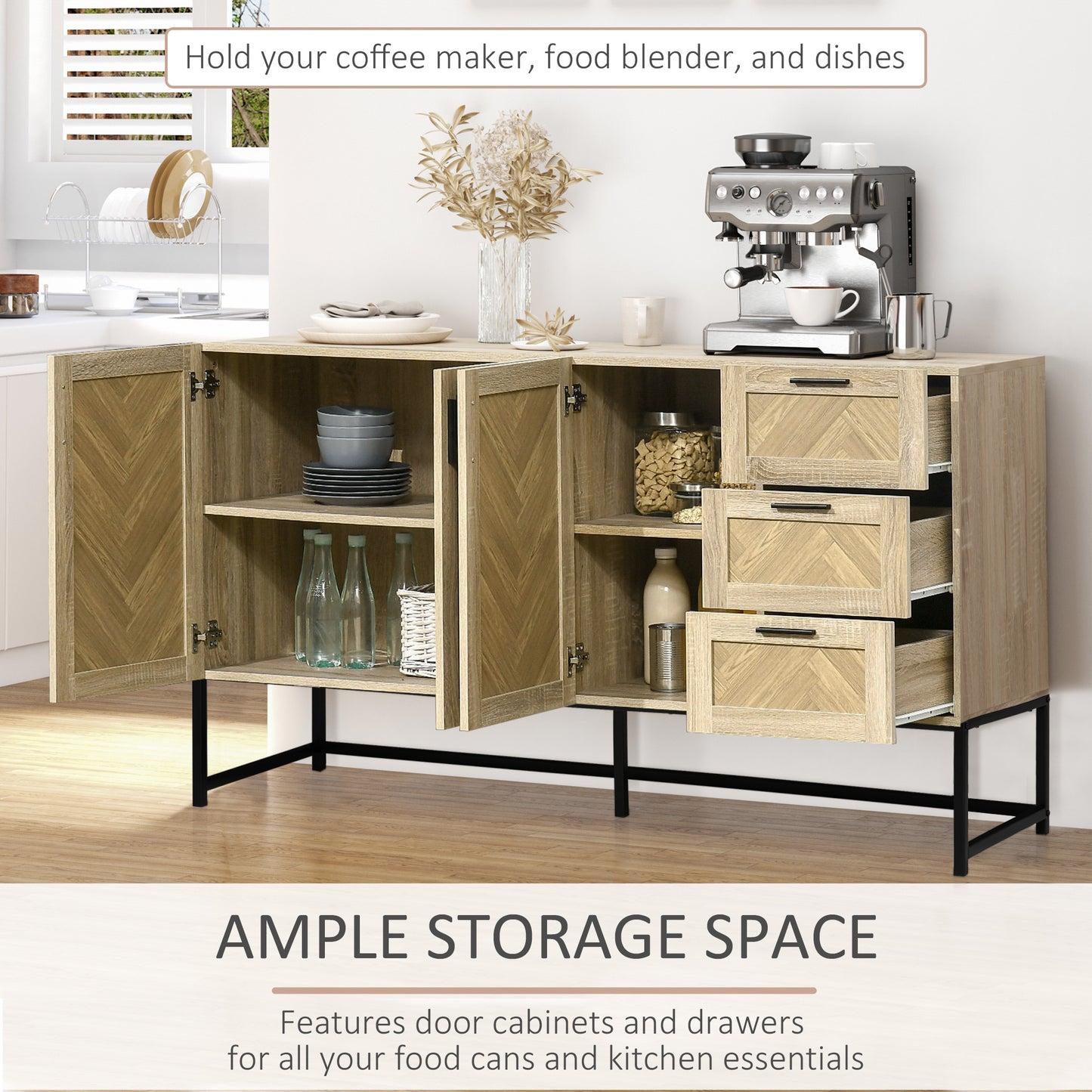 Buffet Cabinet, Coffee Bar Cabinet with Drawers and Adjustable Shelves, Oak