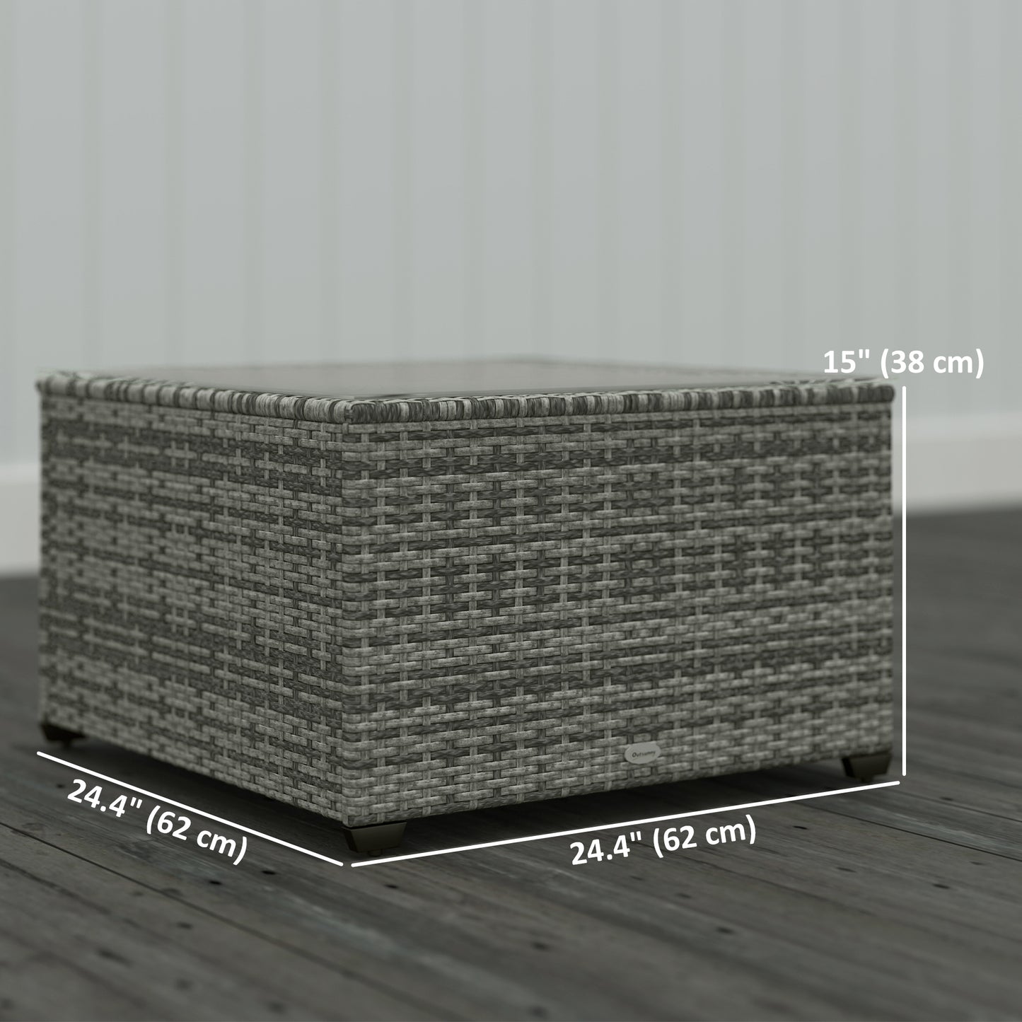 24.4" Patio Wicker Coffee Table, PE Rattan Outdoor Side Table with Tempered Glass Top, Light Grey