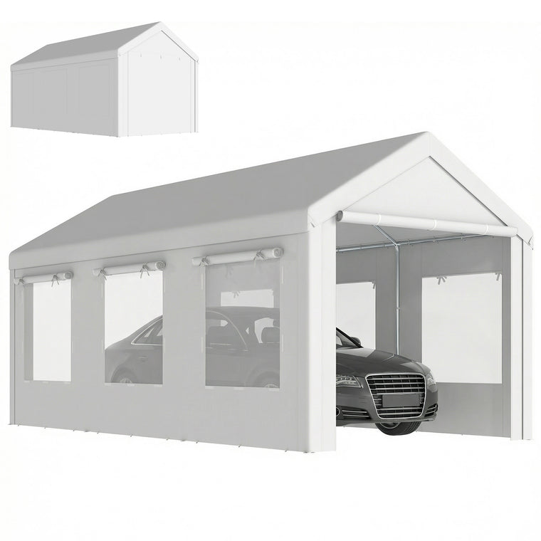 10' x 20' White Heavy Duty Carport with Doors & Windows