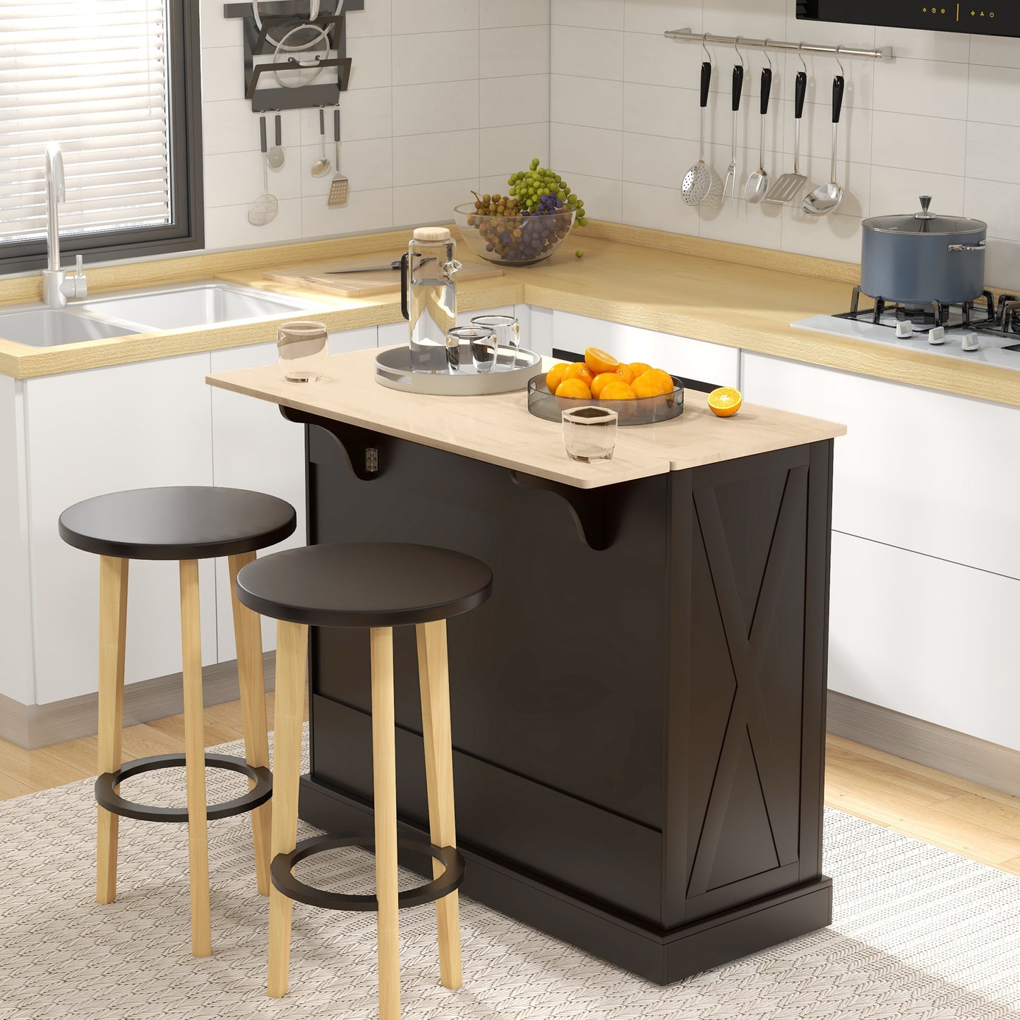 Kitchen Island with Drop Leaf, Rolling Kitchen Cart with 2 Drawers, Adjustable Shelves and Wood Countertop, Black