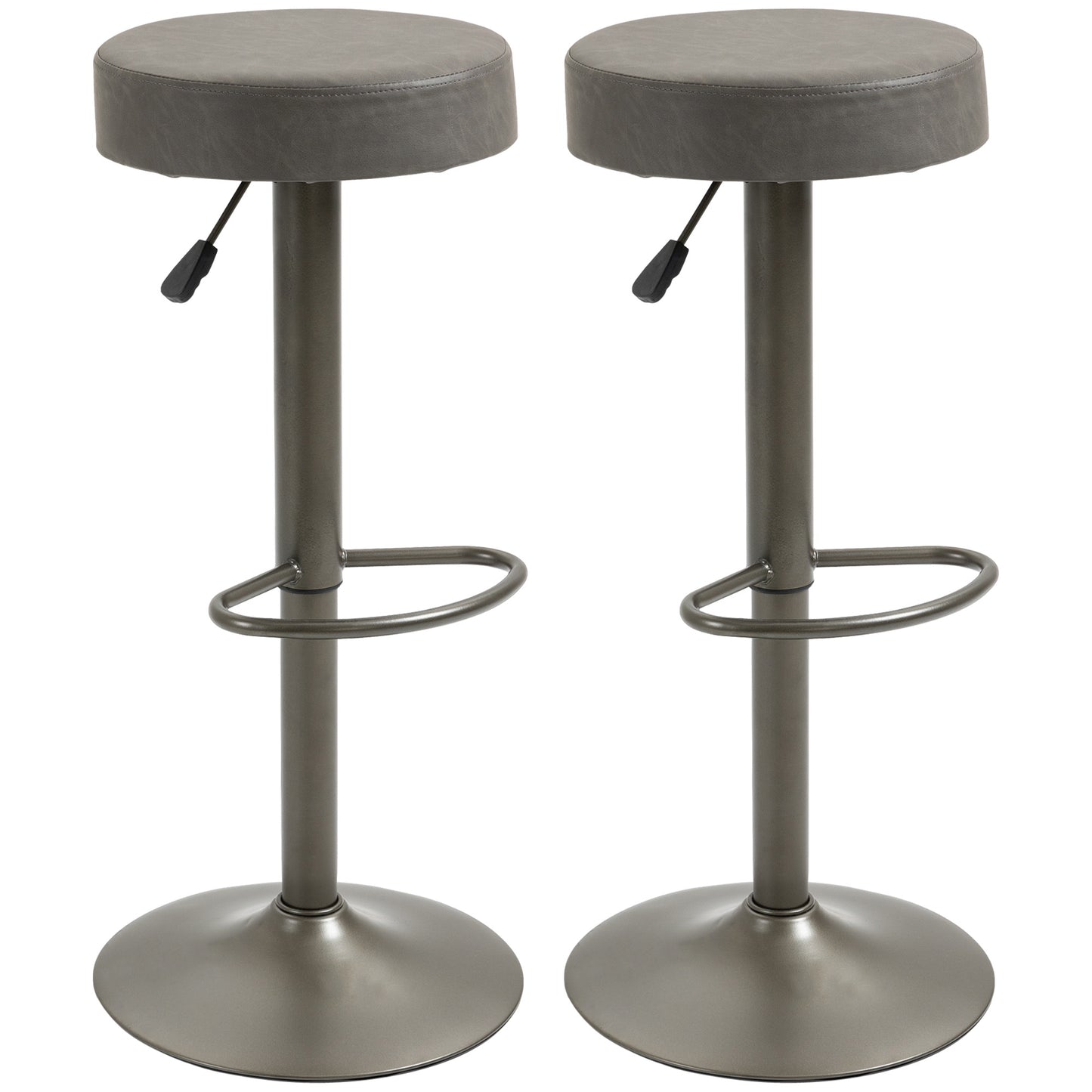 Modern Adjustable Bar Stools Set of 2, Swivel Barstool with Footrest, PU Leather Round Top for Kitchen, Dark Grey