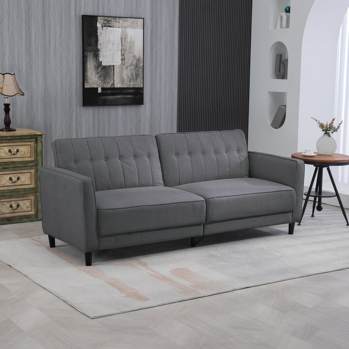 Convertible Bed with Couch, Button Tufted Fabric Sofa Bed with Adjustable Back for Living Room, Charcoal Grey