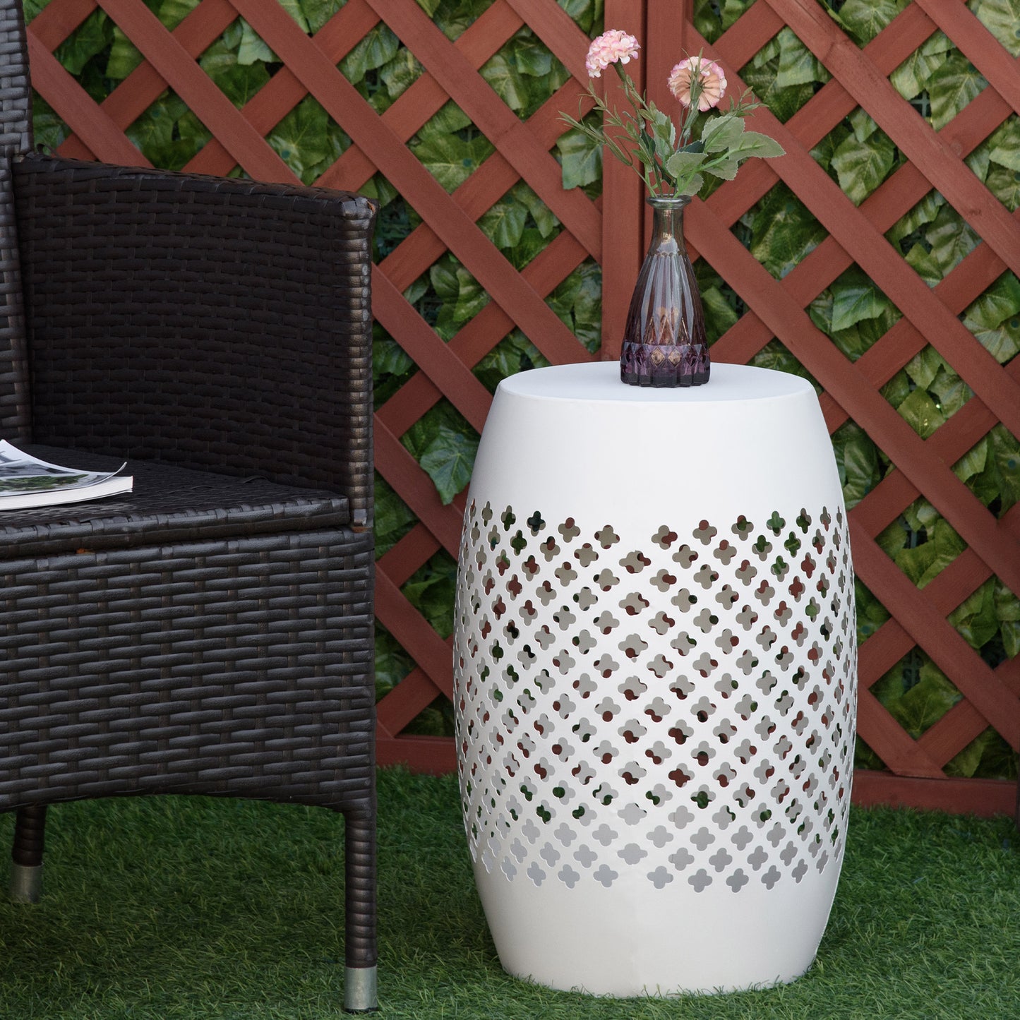 12" Steel Patio End Table, Round Hollow Drum Side Table, Accent Table for Indoor and Outdoor, Black