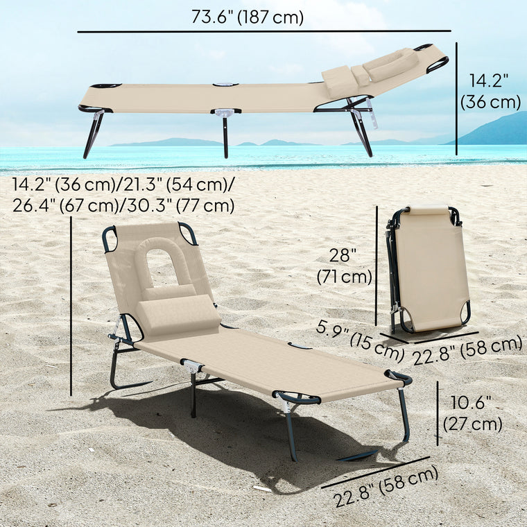 Beige Folding Chaise Lounge with Face Hole and Pillow