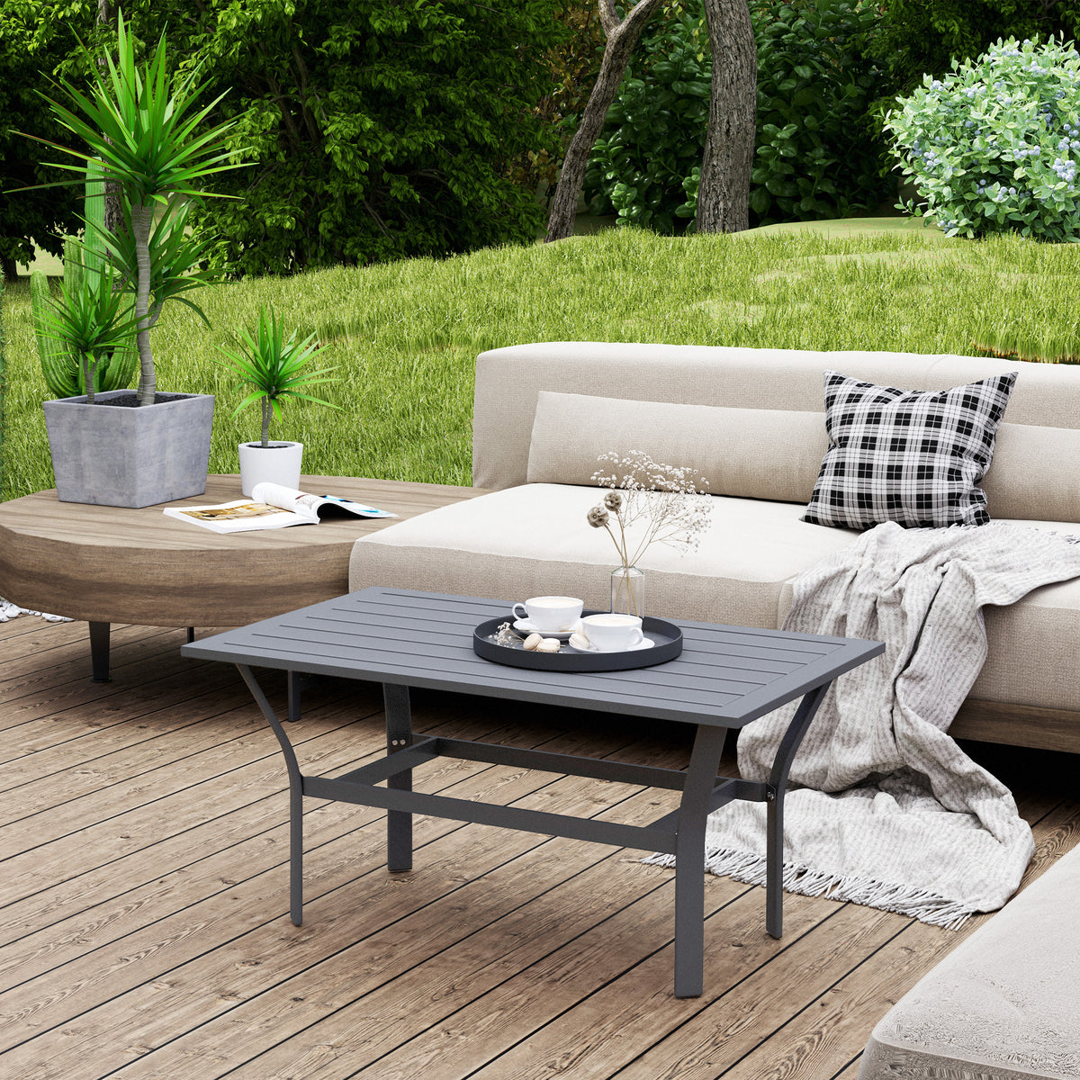 Outdoor Side Table with Slatted Tabletop, Metal Patio Coffee Table for Garden, Balcony, Black - Dark Grey