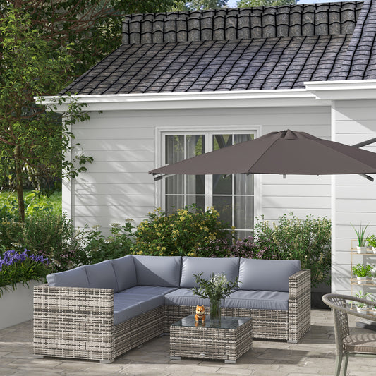 4 Pieces Rattan Wicker Outdoor Conversation Furniture Set w/ Corner Sofa Loveseats Coffee Table Cushions, Grey - Light Grey