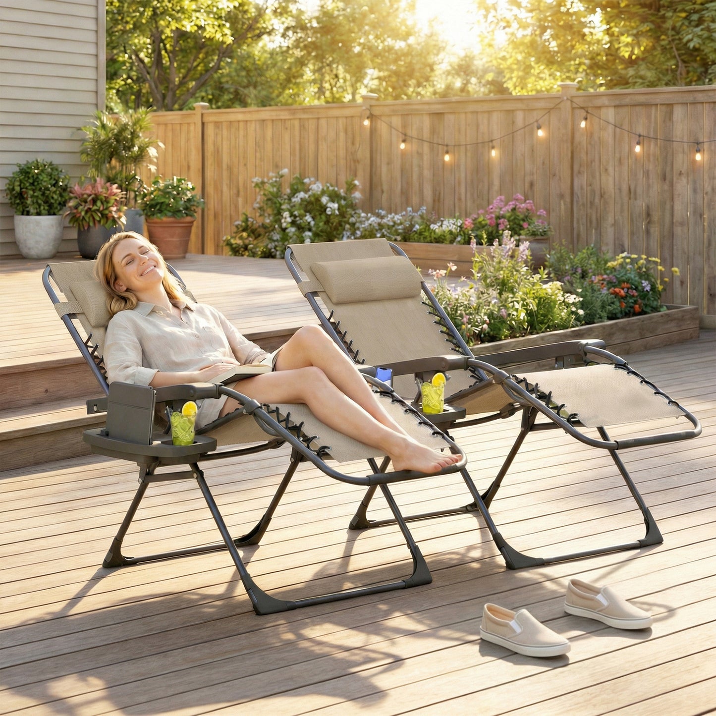 Zero Gravity Chair Set of 2, Folding Reclining Outdoor Lounge Chair with Cup Holder, Headrest, Brown - Light Brown