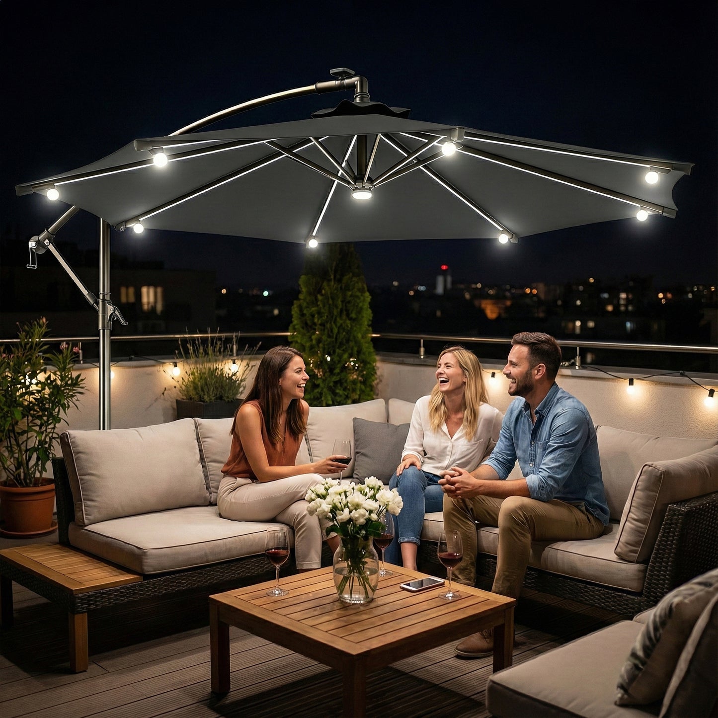 8.8FT Cantilever Patio Umbrella with Solar Powered LED Lights, Crank Handle, Cross Base for Outdoor Sun Shade, Grey