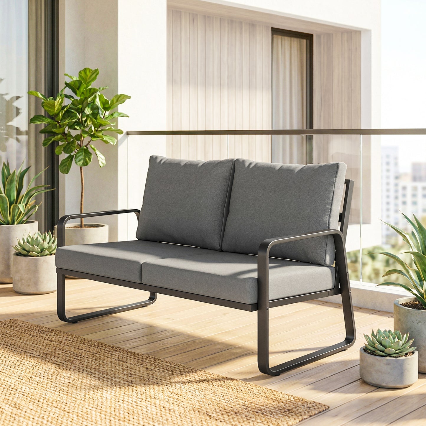 Outdoor Sofa Thick Cushions Outdoor Patio Couch Loveseat 2 Seater for Garden Black and Light Grey