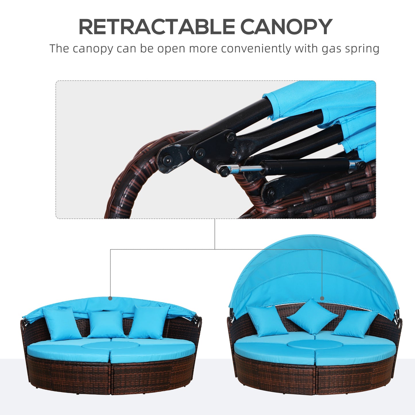 4 Pieces Outdoor Daybed with Retractable Canopy, Wicker Lounger Bed, Conversation Furniture Set, Dark Blue