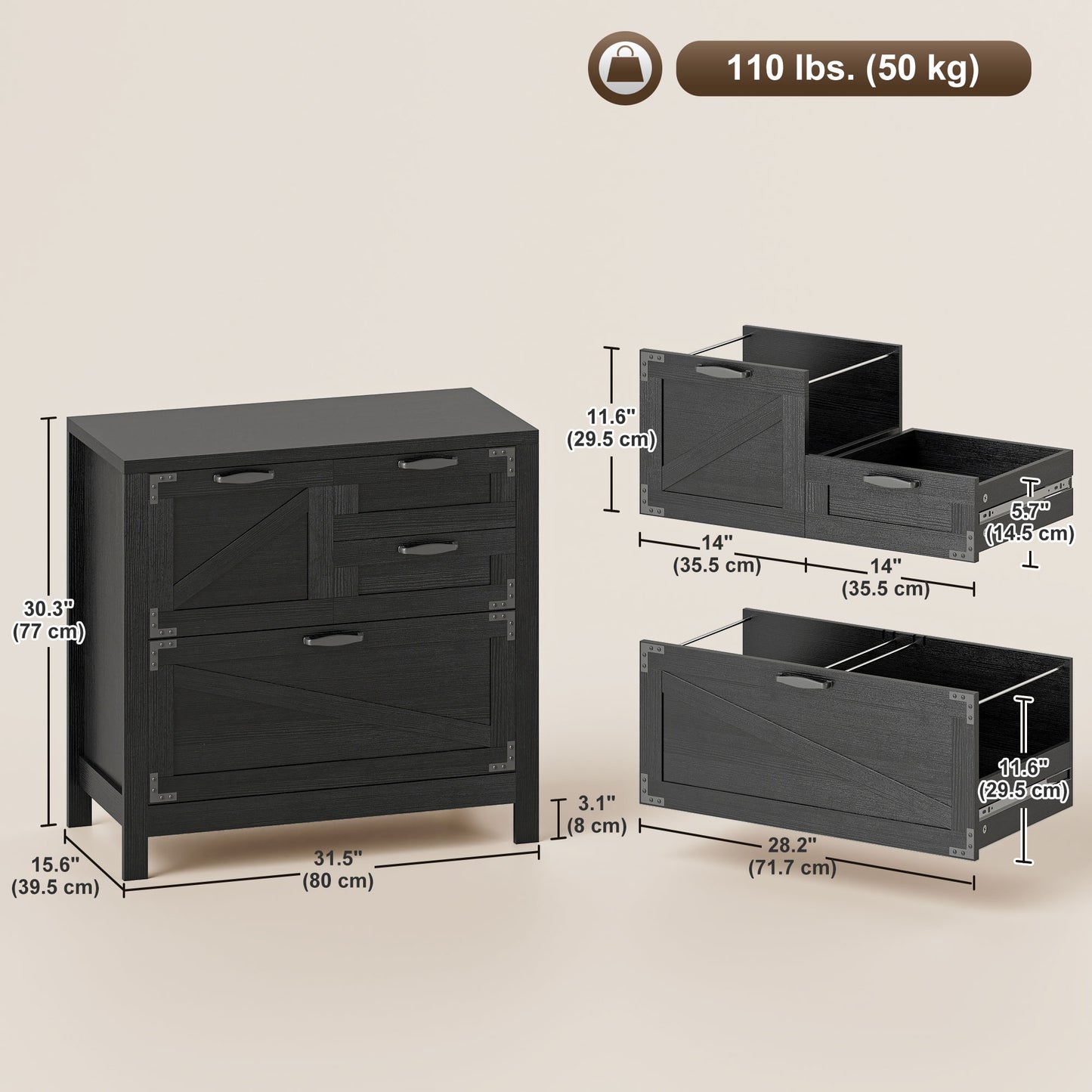 Lateral Filing Cabinet, Farmhouse File Cabinet with 4 Drawers, Fit Letter/A4/Legal Hanging Files, Black Wood Grain