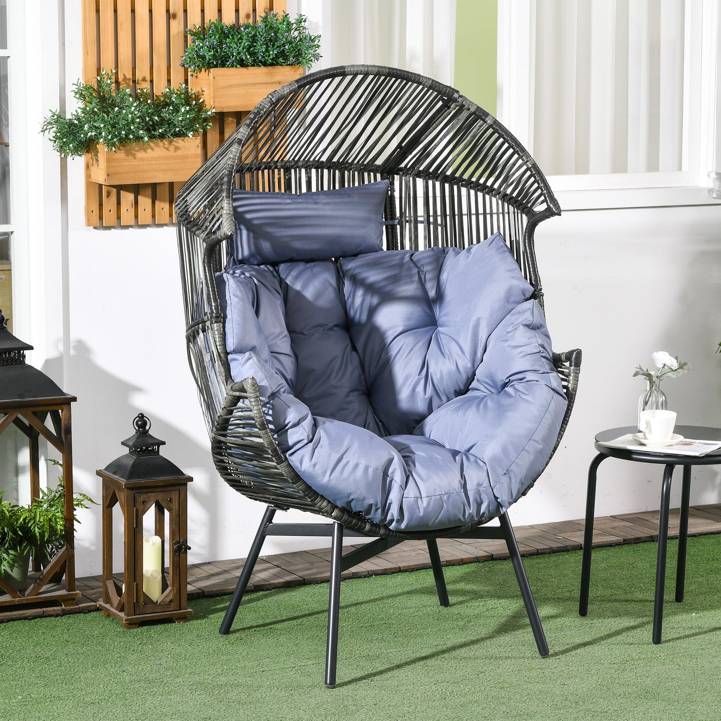 Wicker Egg Chair Outdoor Indoor Rattan Oversized Patio Lounge Chair with 5.5" Cushions and Headrest, Grey