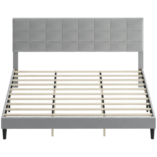 King Platform Bed Frame with Upholstered Headboard - Grey