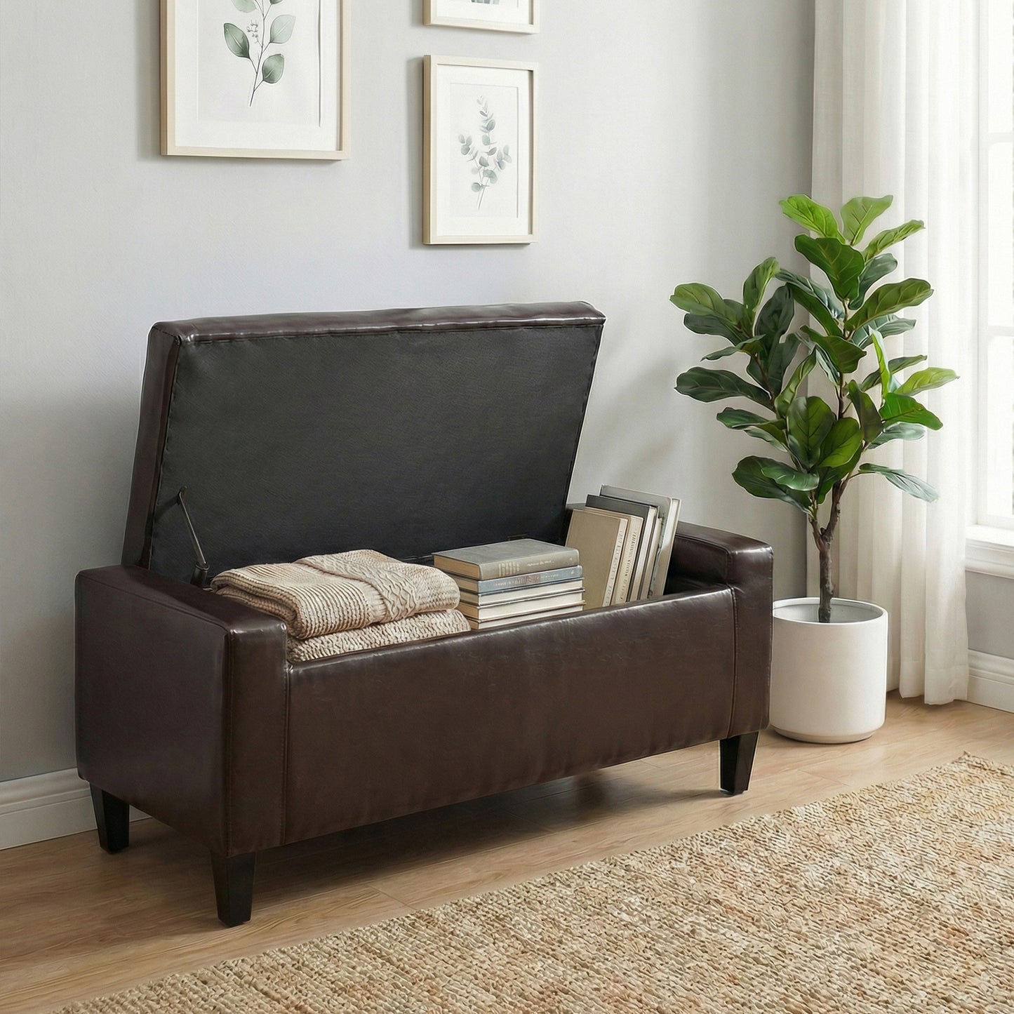 Storage Ottoman Bench, PU Leather Upholstered Bench with Tufted Design, Brown