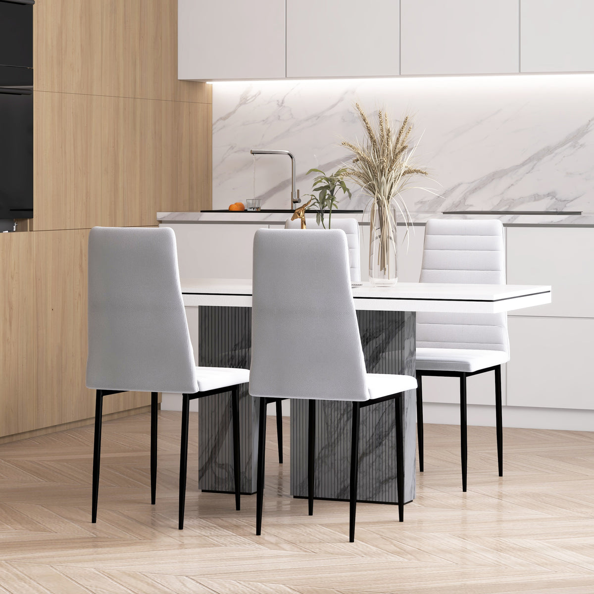 High Back Dining Chairs, Modern Upholstered Linen Fabric Accent Chairs with Metal Legs for Kitchen, Set of 4, White