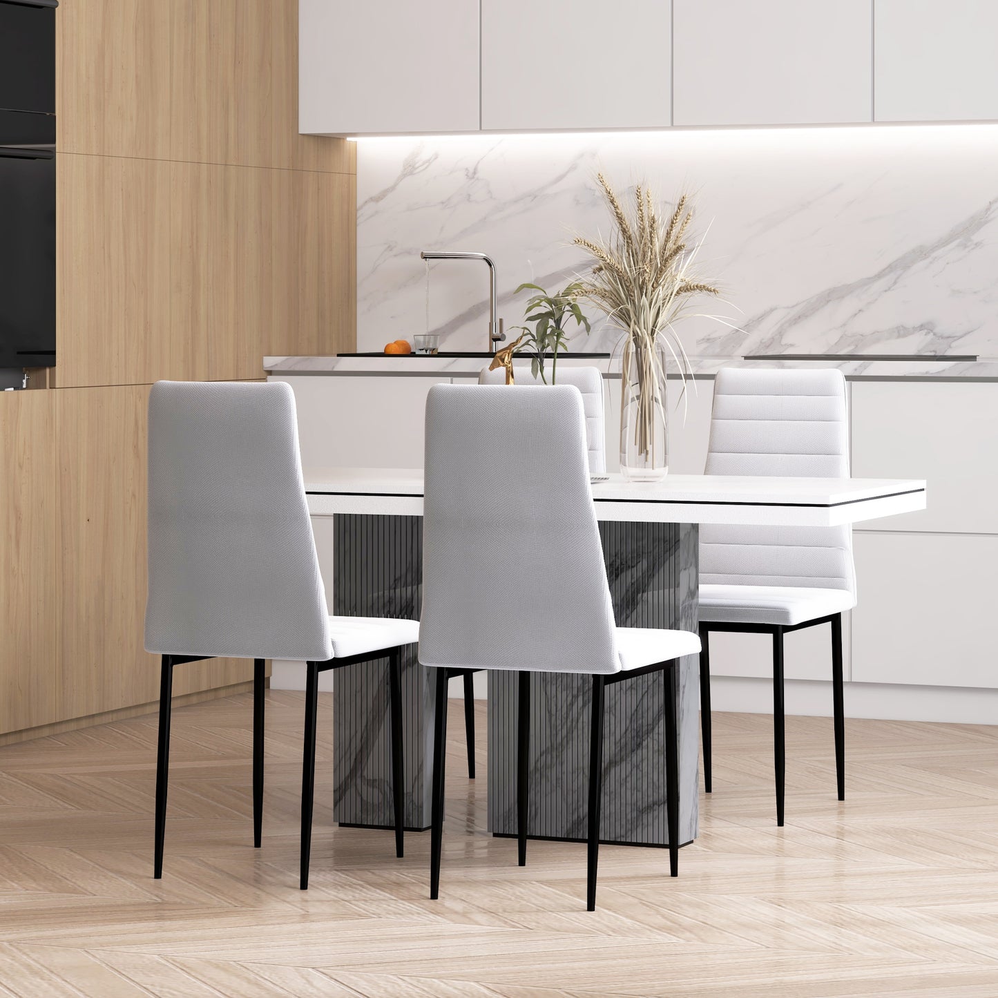 High Back Dining Chairs, Modern Upholstered Linen Fabric Accent Chairs with Metal Legs for Kitchen, Set of 4, White