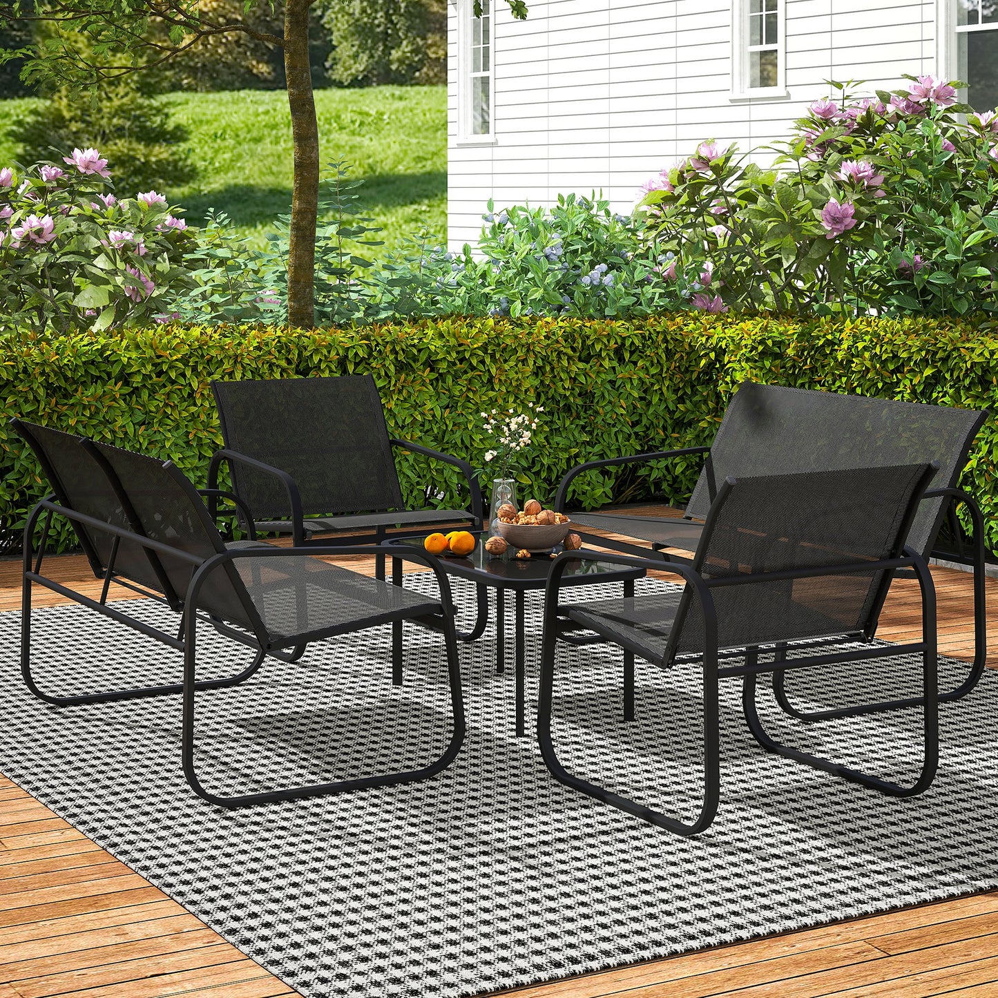 4 Piece Patio Furniture Set, Outdoor Conversation Set with 2 Loveseats, 2 Armchairs, Glass-Top Table, Black