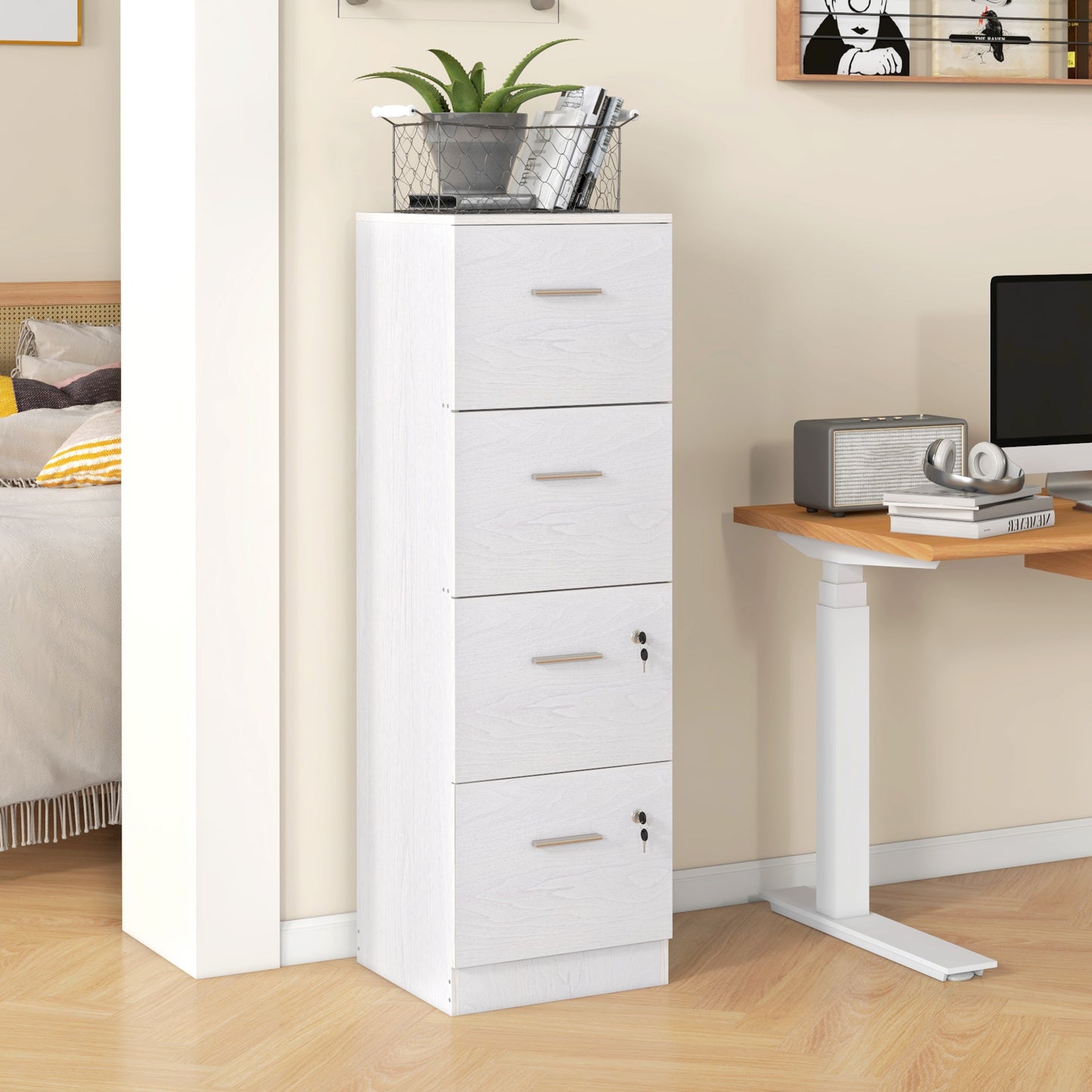 Vertical Filing Cabinet with Lock, 4 Drawer File Cabinet with Adjustable Hanging Bar for A4 and Letter Size, White