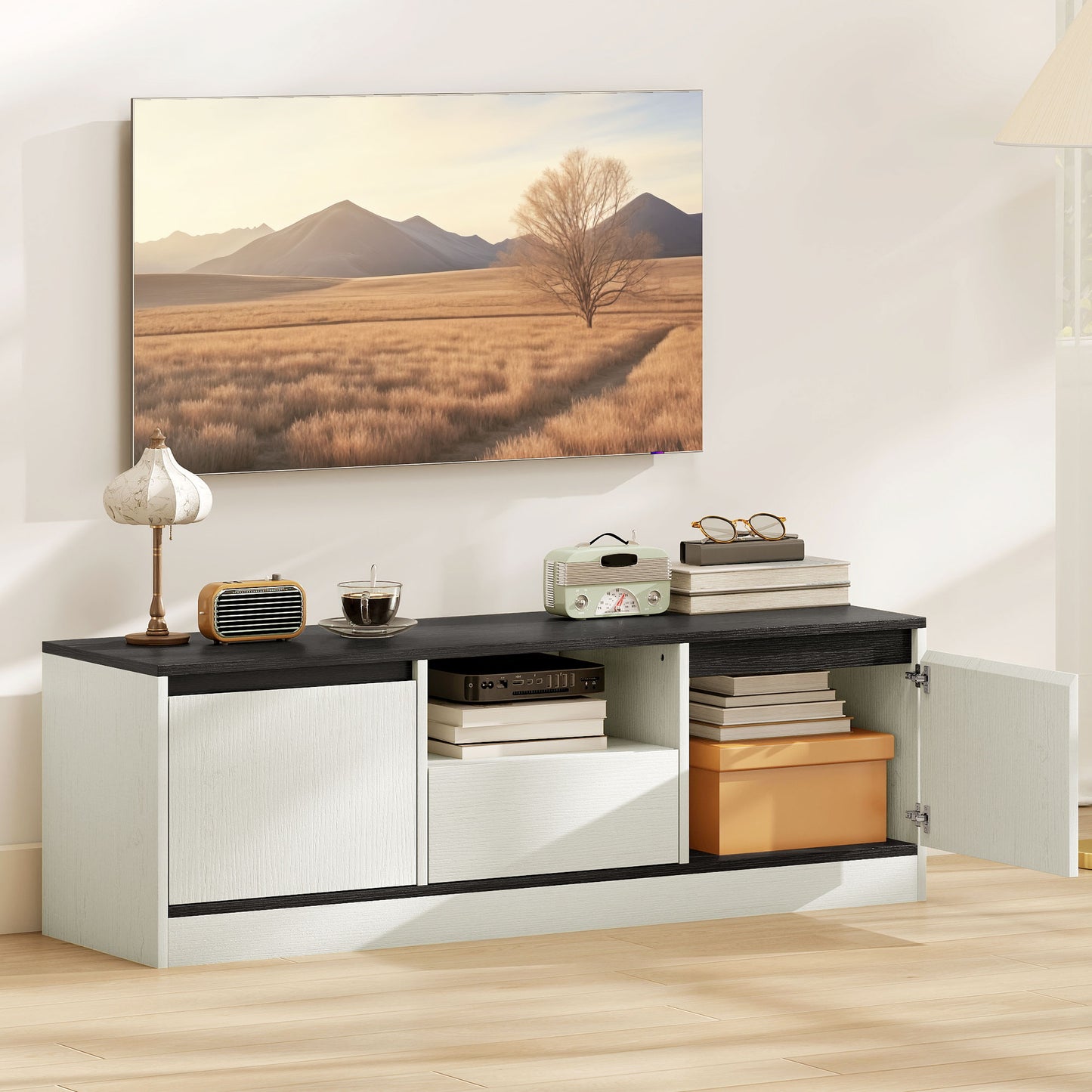 TV Stand for 43-55 Inch TV, Entertainment Center w/ Cabinets, Shelf, Drawer and Cable Management for Living Room, White