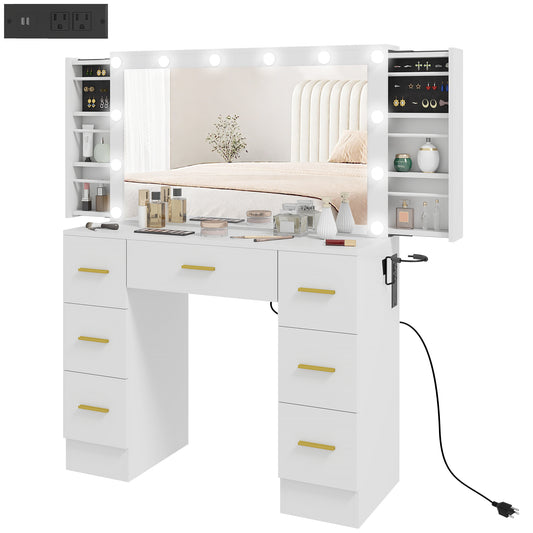 7-Drawer Makeup Vanity Desk with Lighted Mirror - White