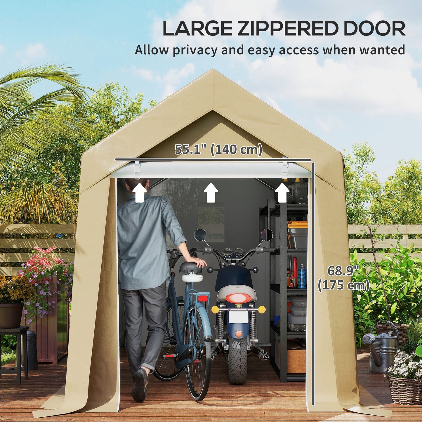 Outdoor Storage Shed Portable Garage with Roll-up Door for Motorcycle, Bike, Garden Tools, Beige