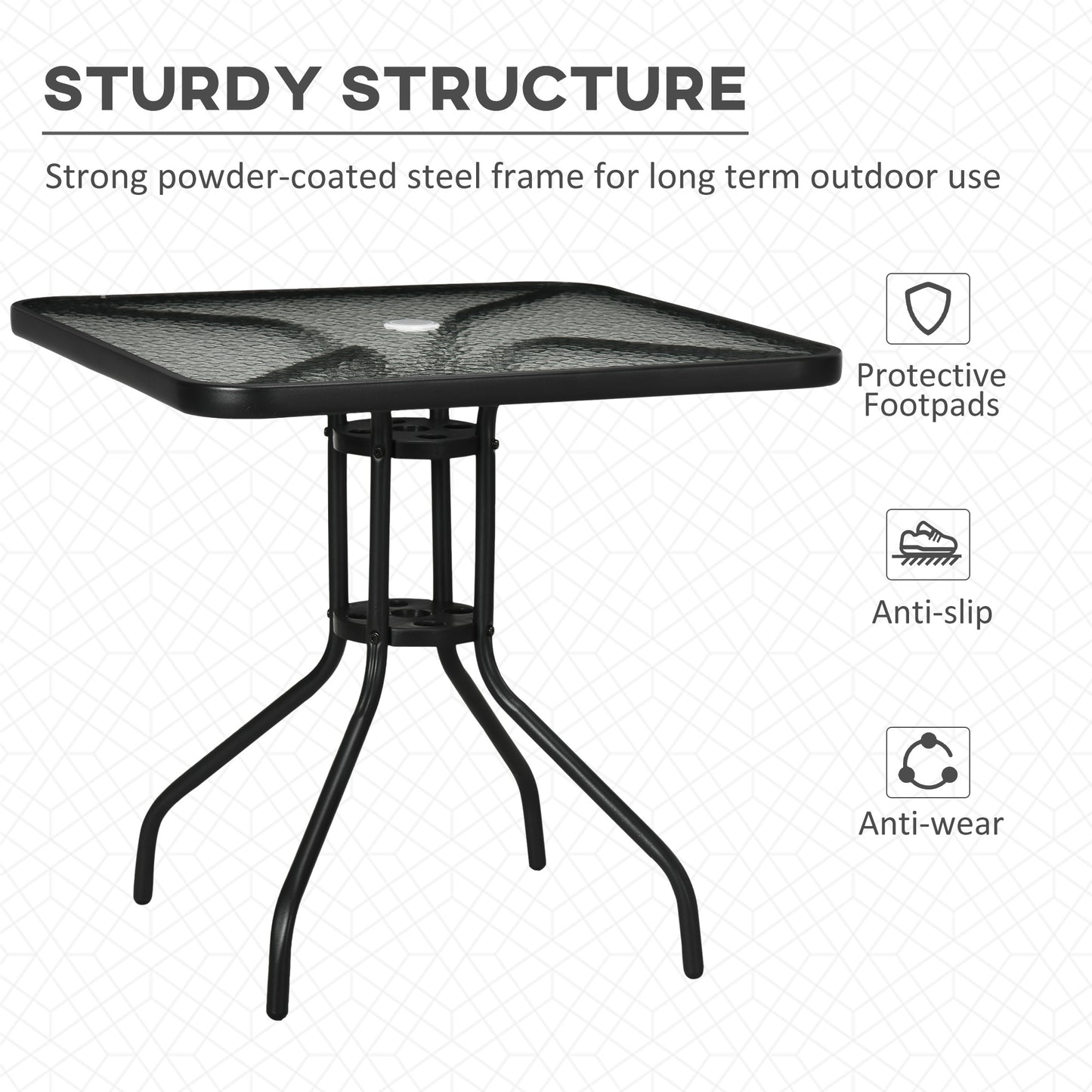 Square Patio Dining Table with Umbrella Hole Tempered Glass Top Outdoor Dining Table for Garden Balcony Black