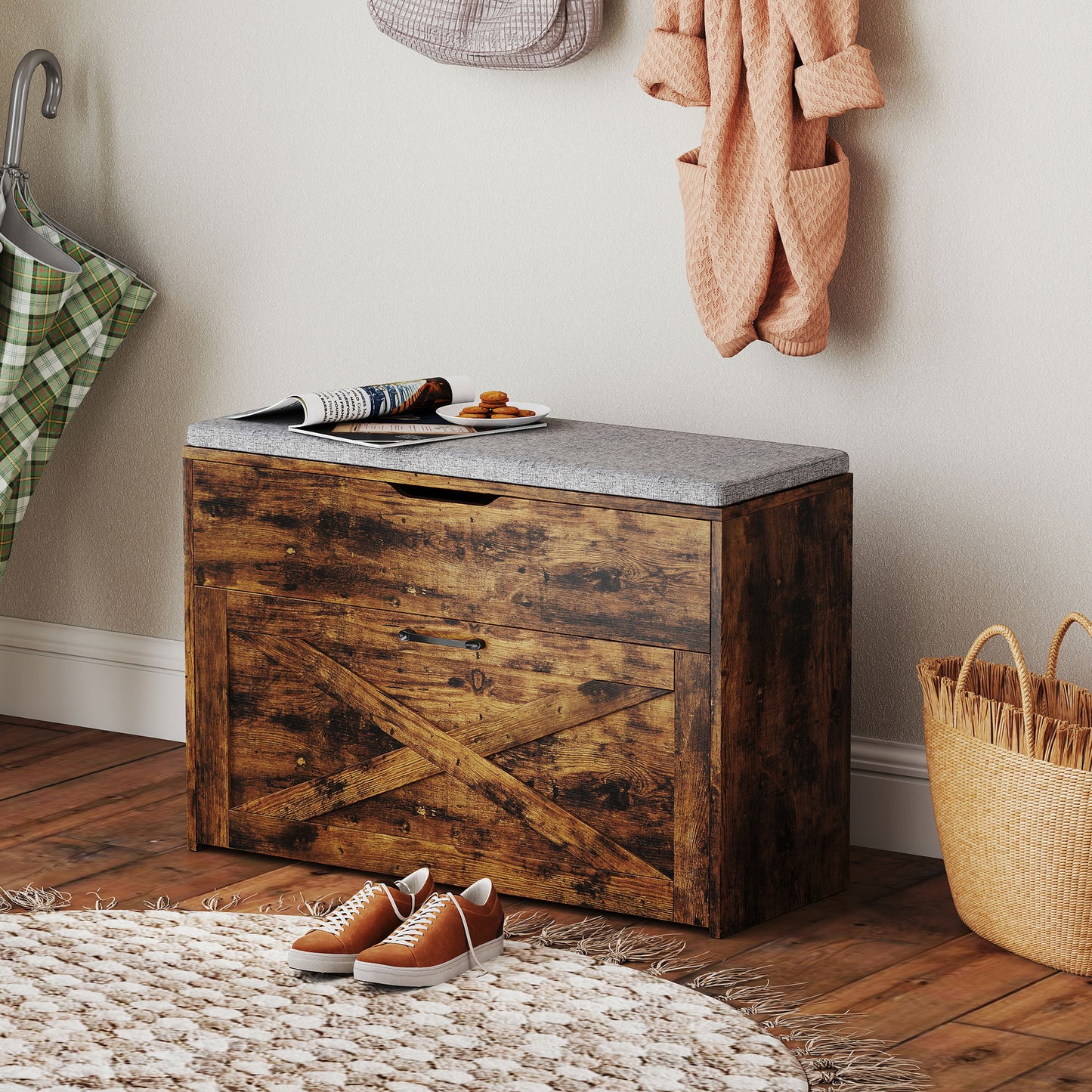 Shoe Storage Bench with Flip Drawer and Lift Top Storage, Entryway Bench with Seat Cushion for Hallway, Rustic Brown